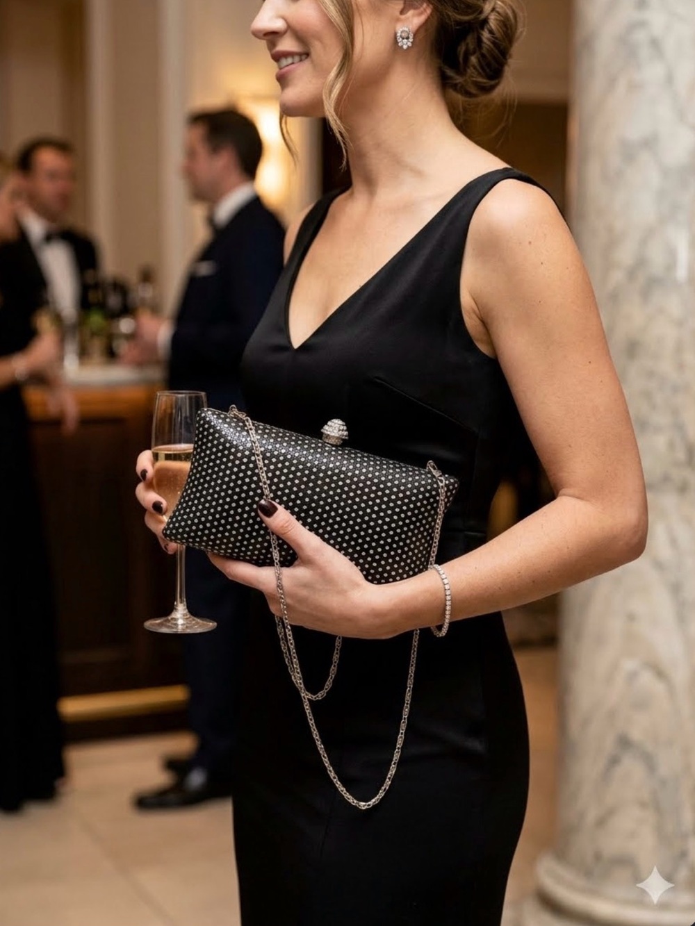 Macy's Black Rhinestone Embellished Evening Clutch with Silver Accents